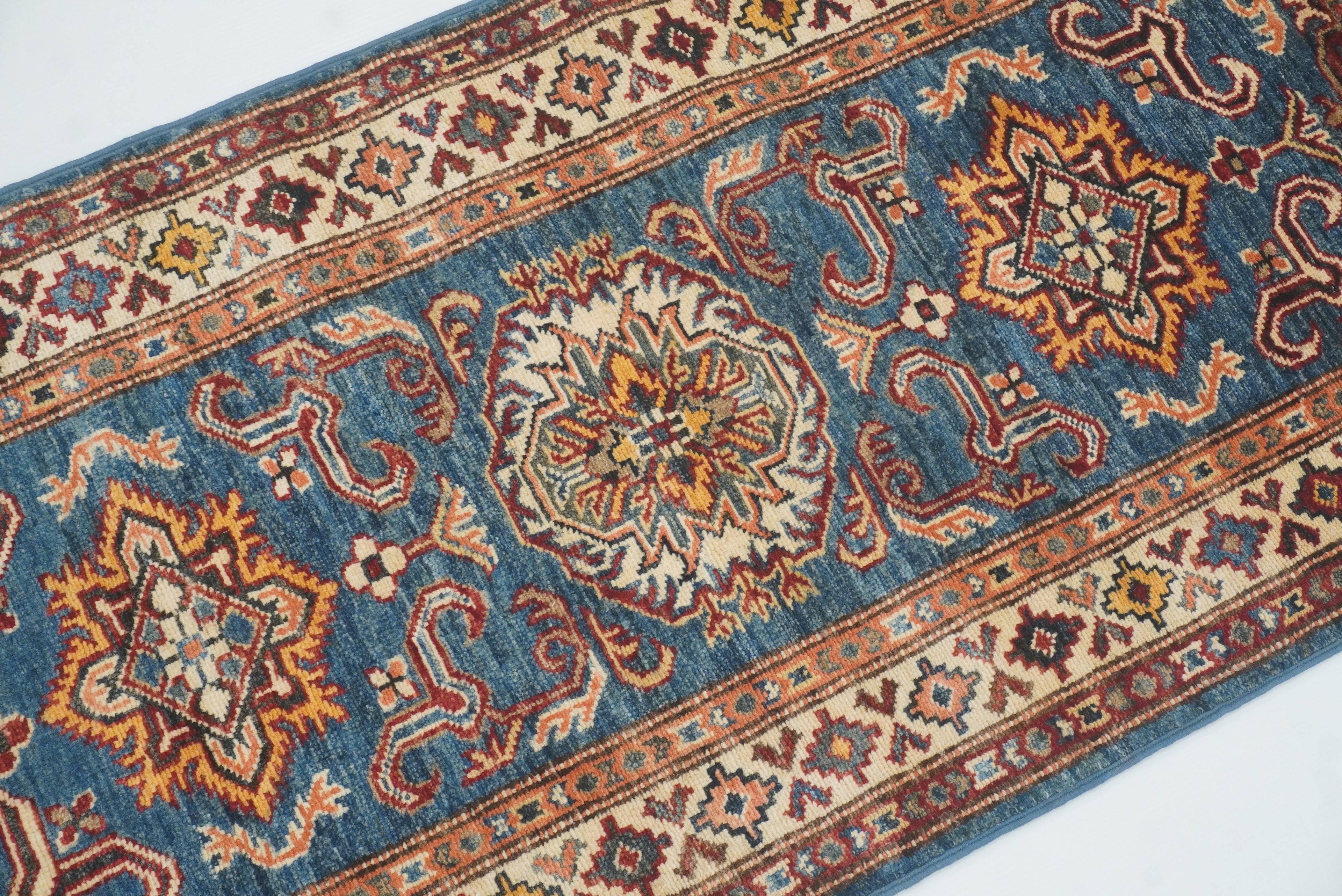 2x6 Blue Kazak Afghan Hand knotted Runner Rug - Yildiz Rugs