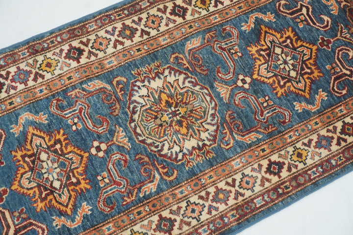 2x6 Blue Kazak Afghan Hand knotted Runner Rug - Yildiz Rugs
