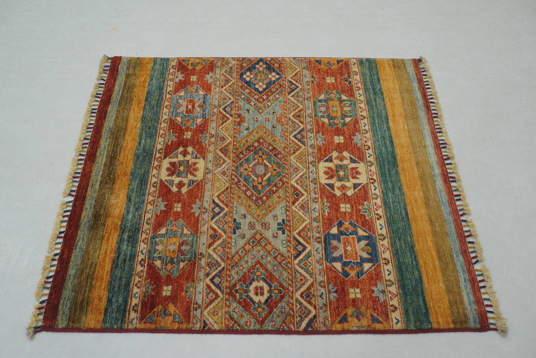 3x3 Red Tribal Afghan Hand Knotted Square Rug