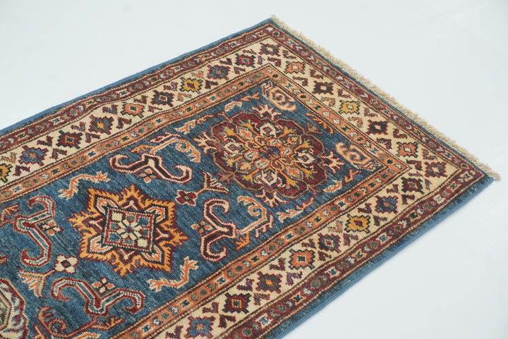 2x6 Blue Kazak Afghan Hand knotted Runner Rug - Yildiz Rugs