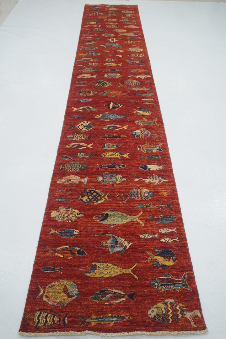 14 ft Red Fish Gabbeh Afghan Hand knotted Long Runner Rug - Yildiz Rugs