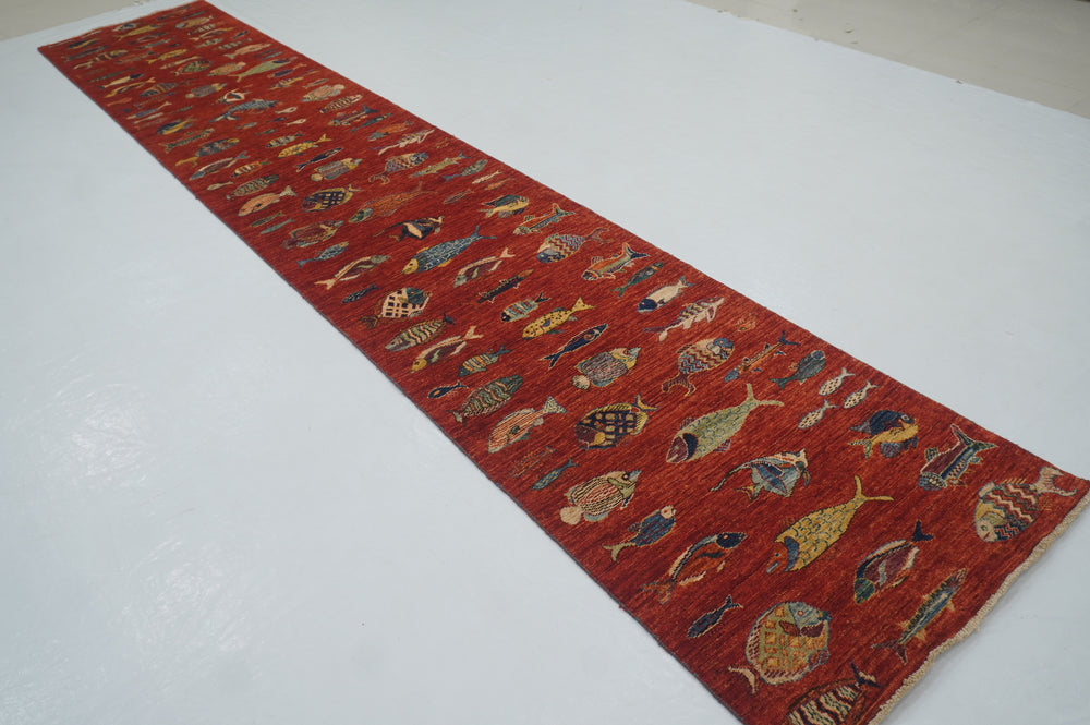 14 ft Red Fish Gabbeh Afghan Hand knotted Long Runner Rug - Yildiz Rugs