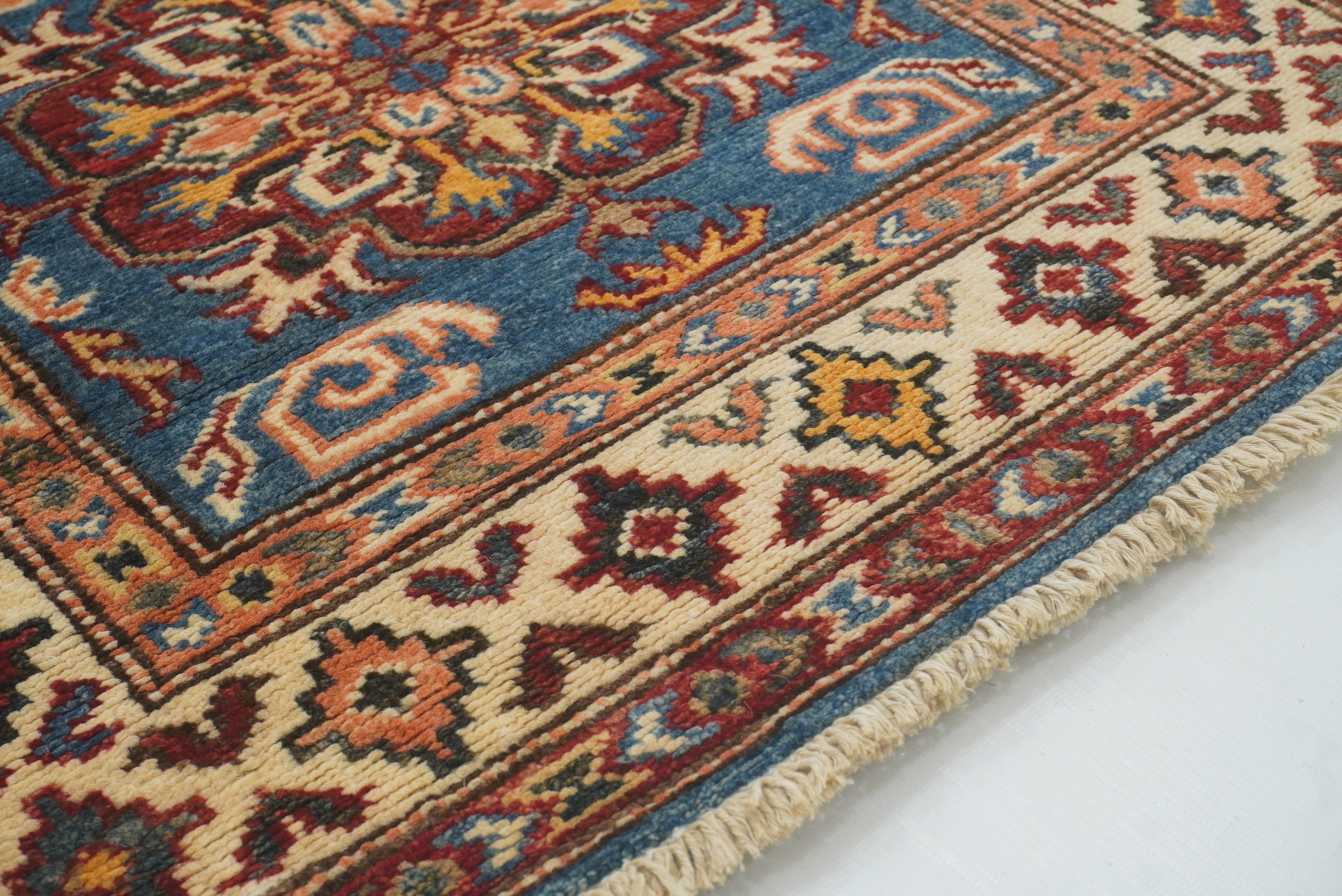 2x6 Blue Kazak Afghan Hand knotted Runner Rug - Yildiz Rugs