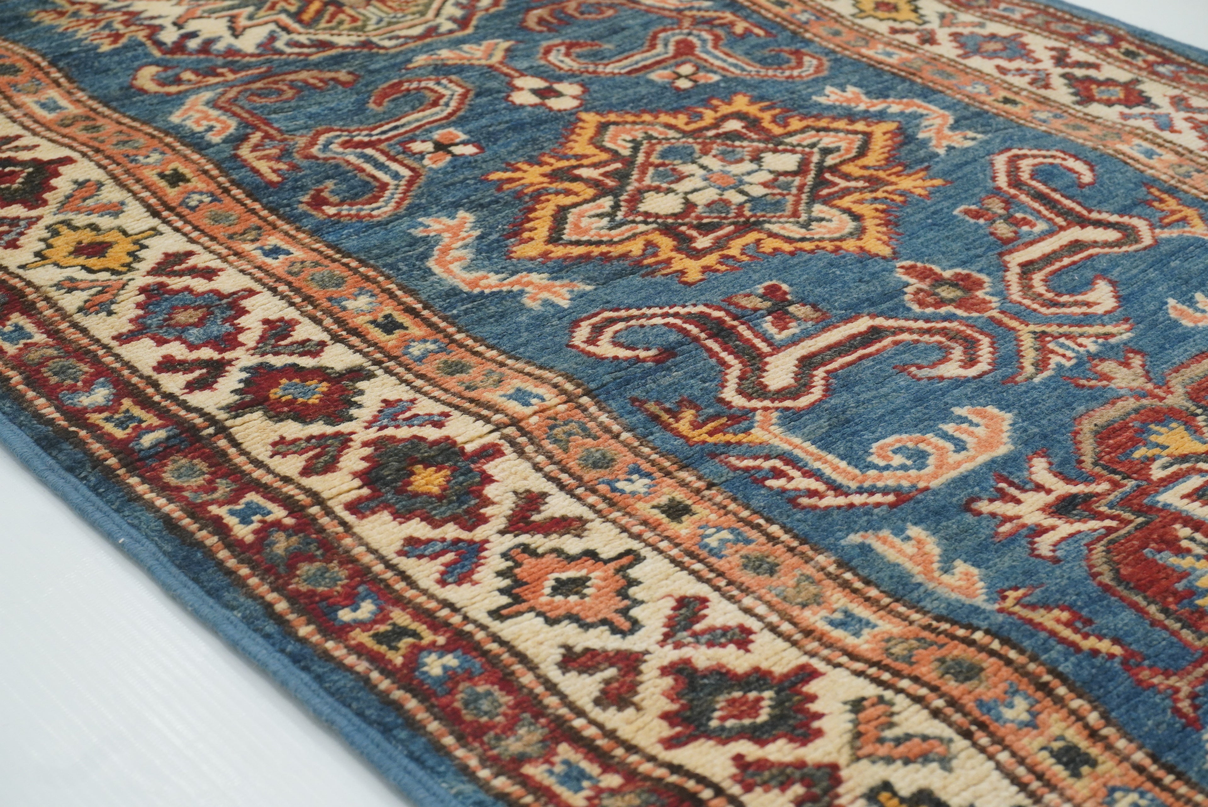 2x6 Blue Kazak Afghan Hand knotted Runner Rug - Yildiz Rugs