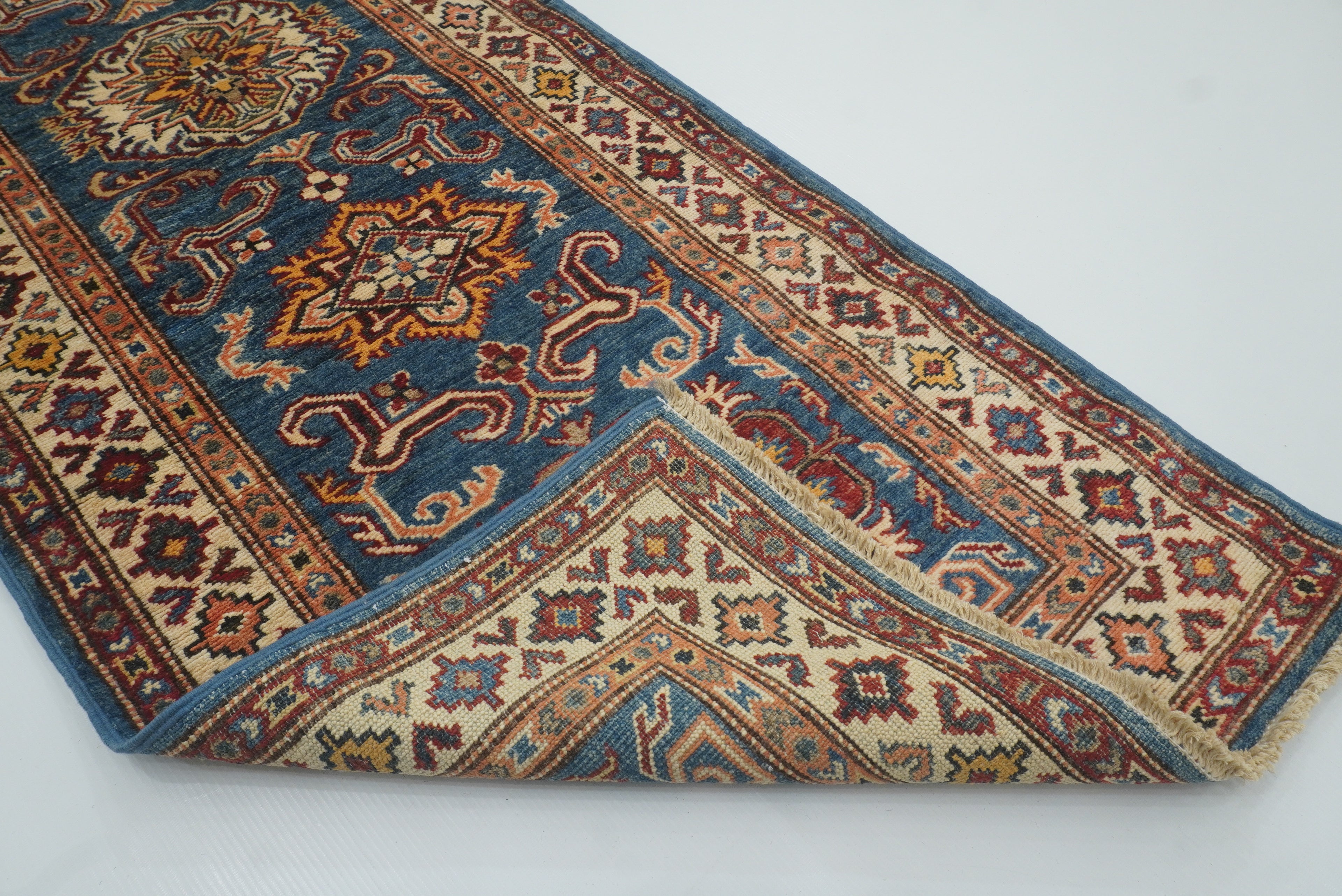 2x6 Blue Kazak Afghan Hand knotted Runner Rug - Yildiz Rugs