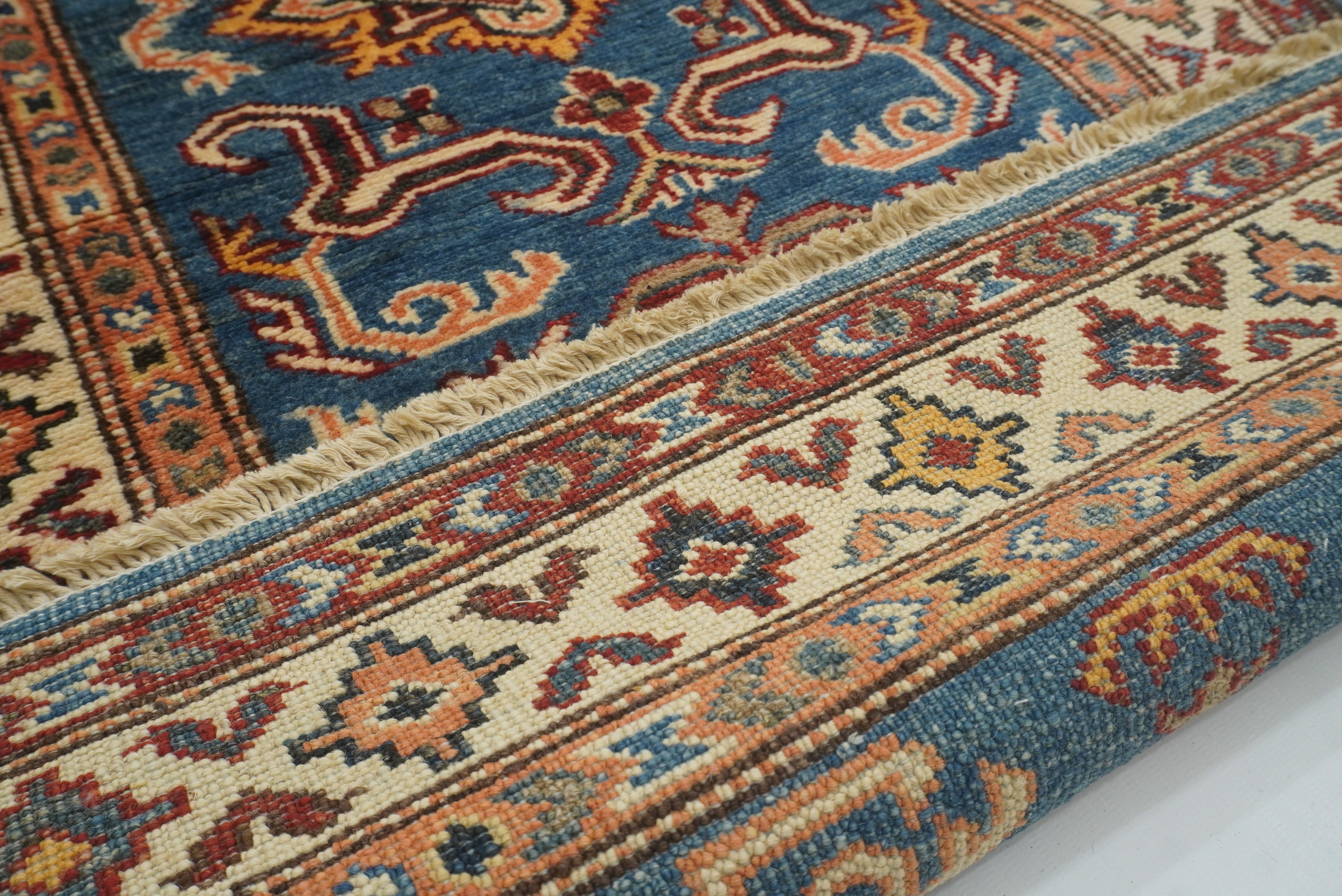 2x6 Blue Kazak Afghan Hand knotted Runner Rug - Yildiz Rugs