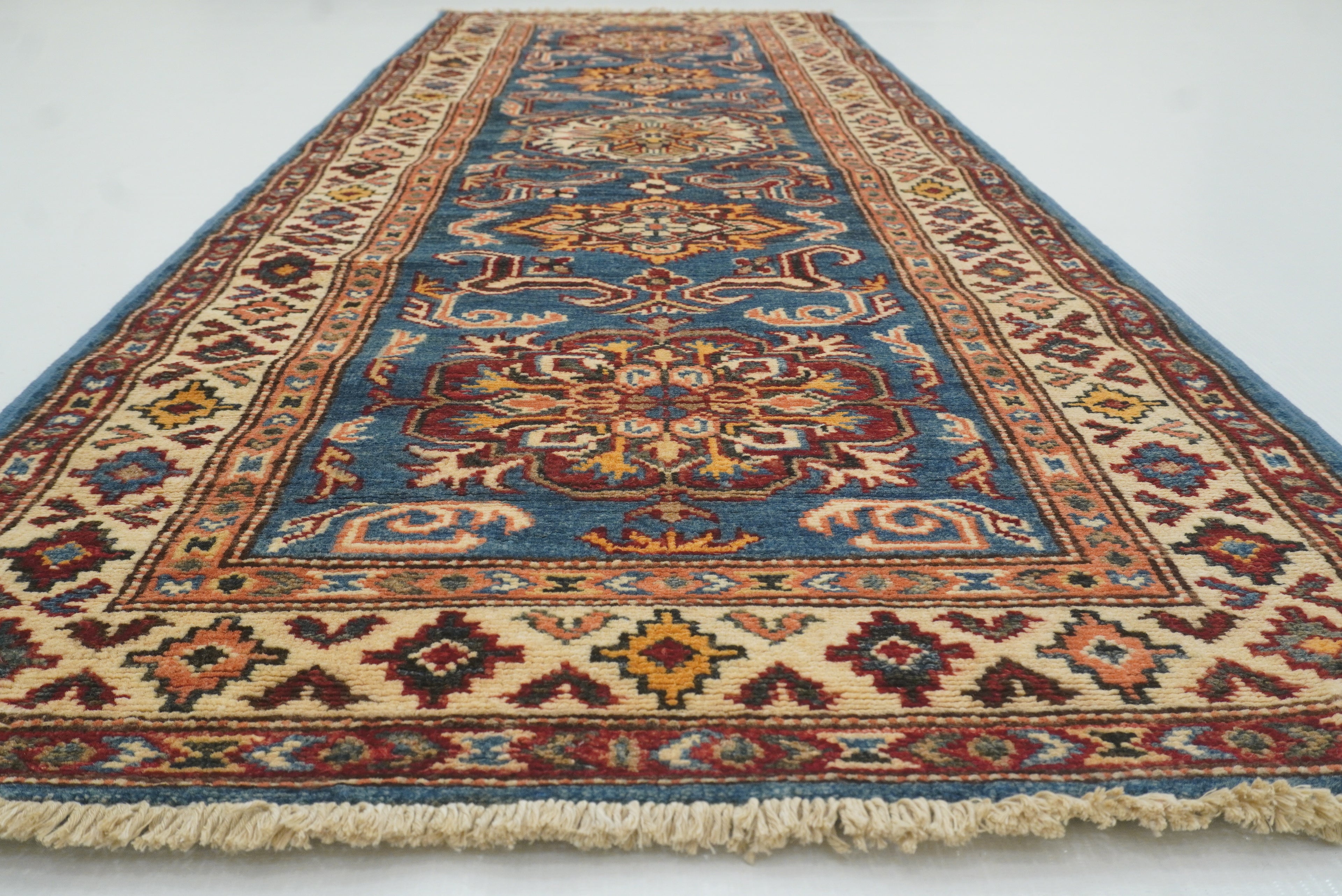 2x6 Blue Kazak Afghan Hand knotted Runner Rug - Yildiz Rugs