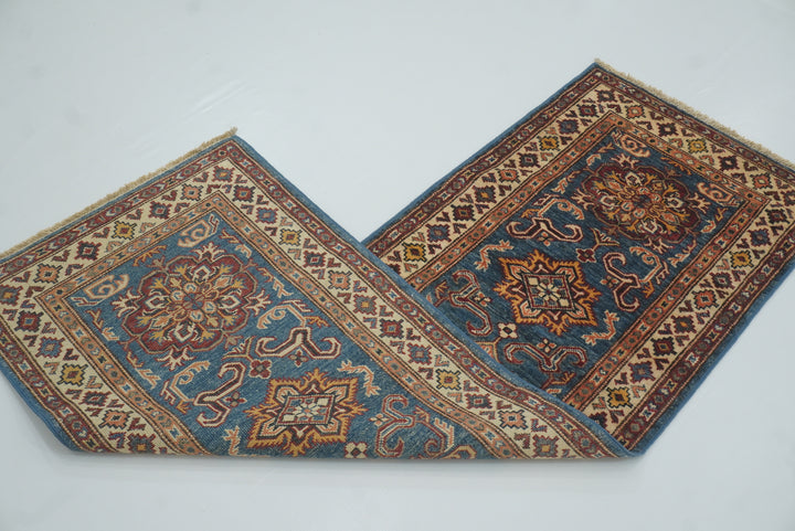 2x6 Blue Kazak Afghan Hand knotted Runner Rug - Yildiz Rugs