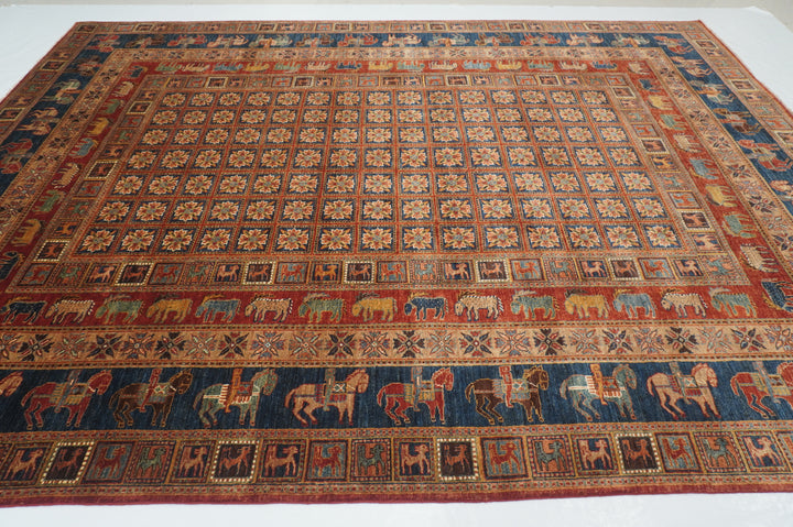 SOLD 9x12 Red Blue Tribal Pazyryk Afghan Hand Knotted Animal Rug
