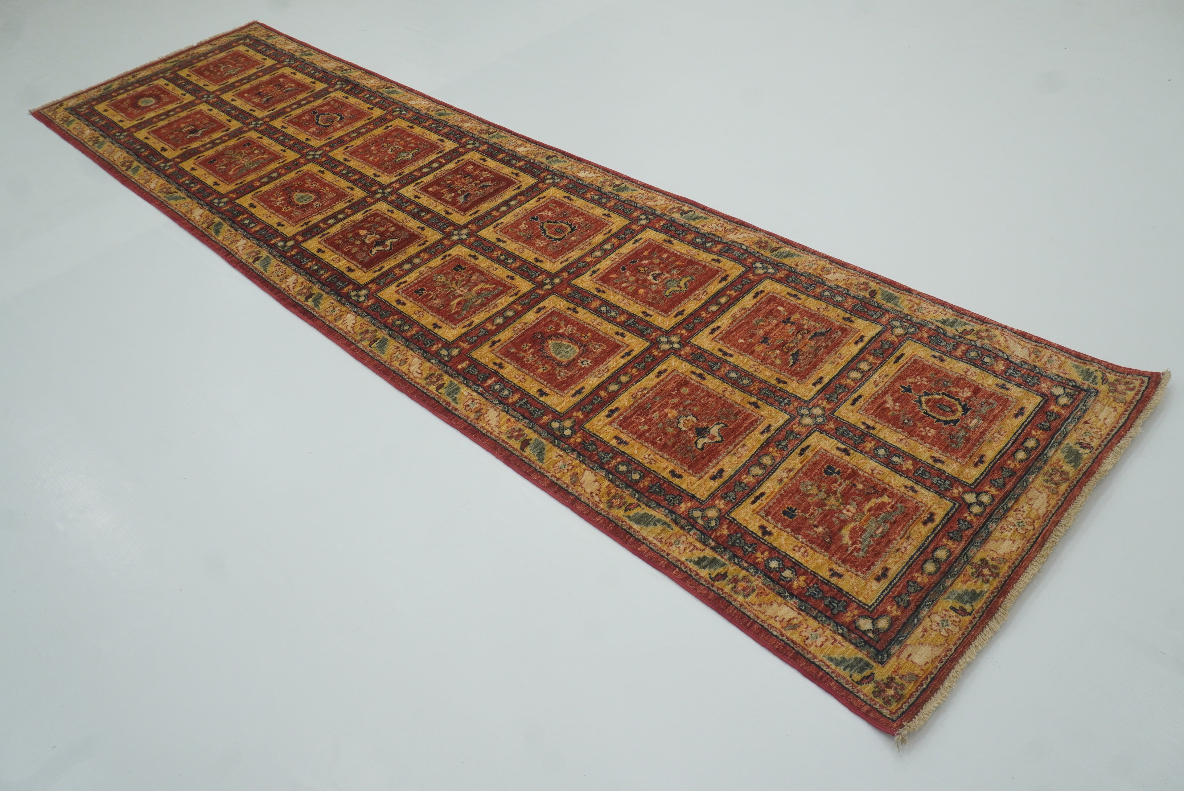10 ft Red Hand Knotted Afghan Wool Runner Rug - Yildiz Rugs