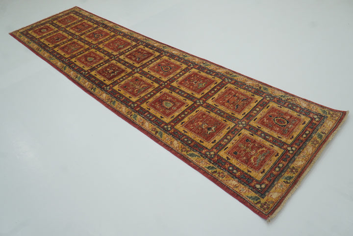 10 ft Red Hand Knotted Afghan Wool Runner Rug - Yildiz Rugs