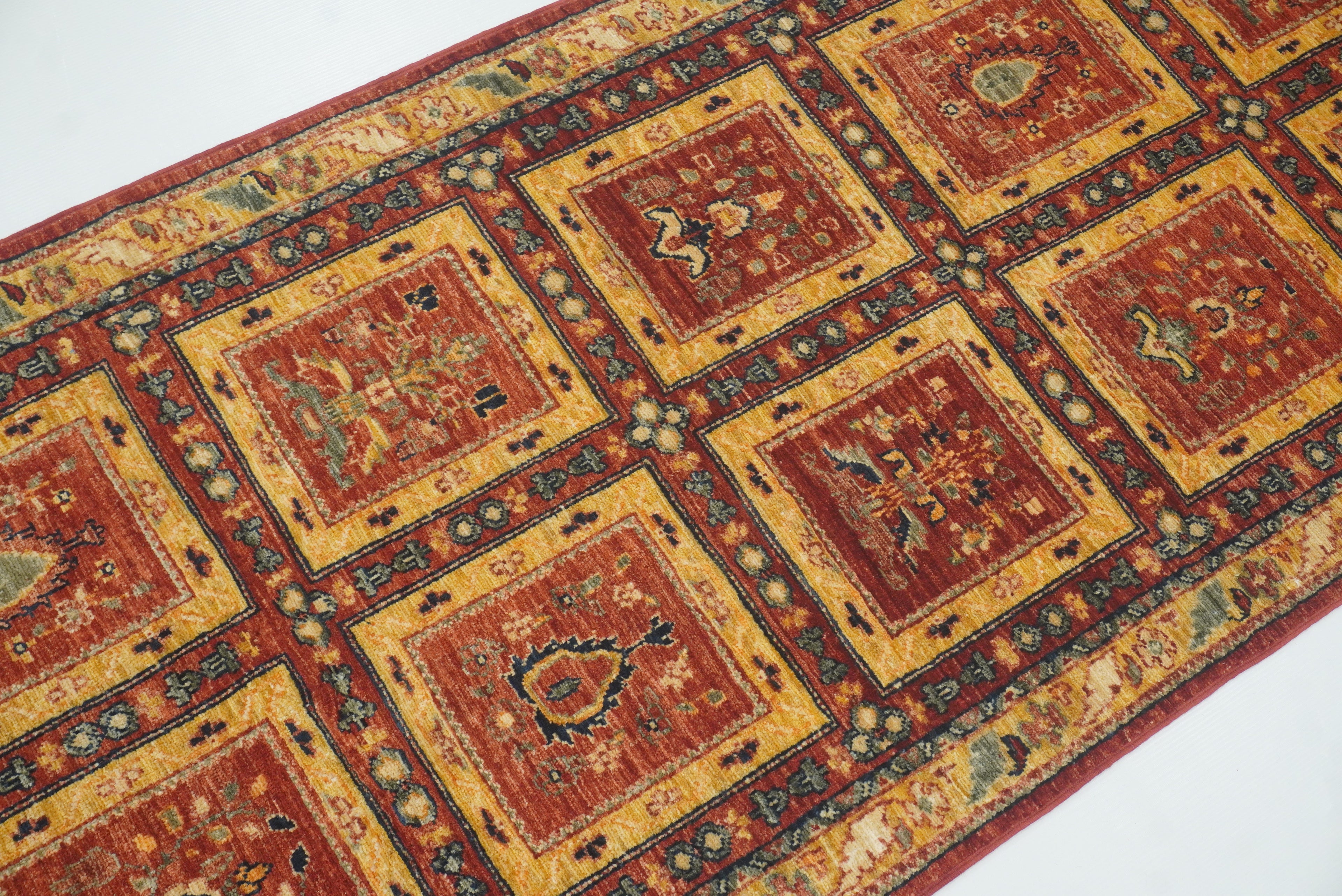 10 ft Red Hand Knotted Afghan Wool Runner Rug - Yildiz Rugs