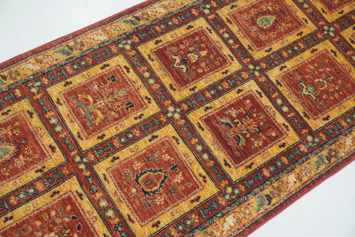 10 ft Red Hand Knotted Afghan Wool Runner Rug - Yildiz Rugs