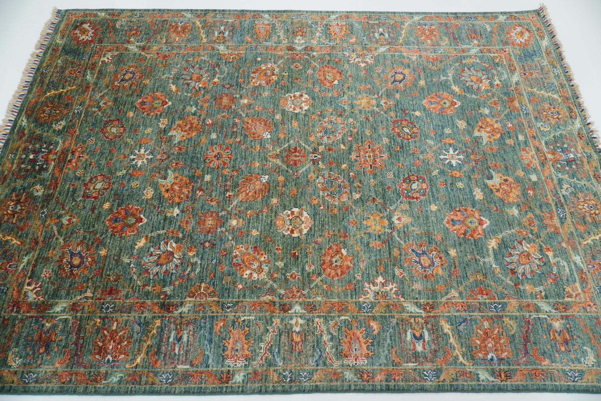 5'8"x7'11" Green Waziri Afghan Hand Knotted Rug