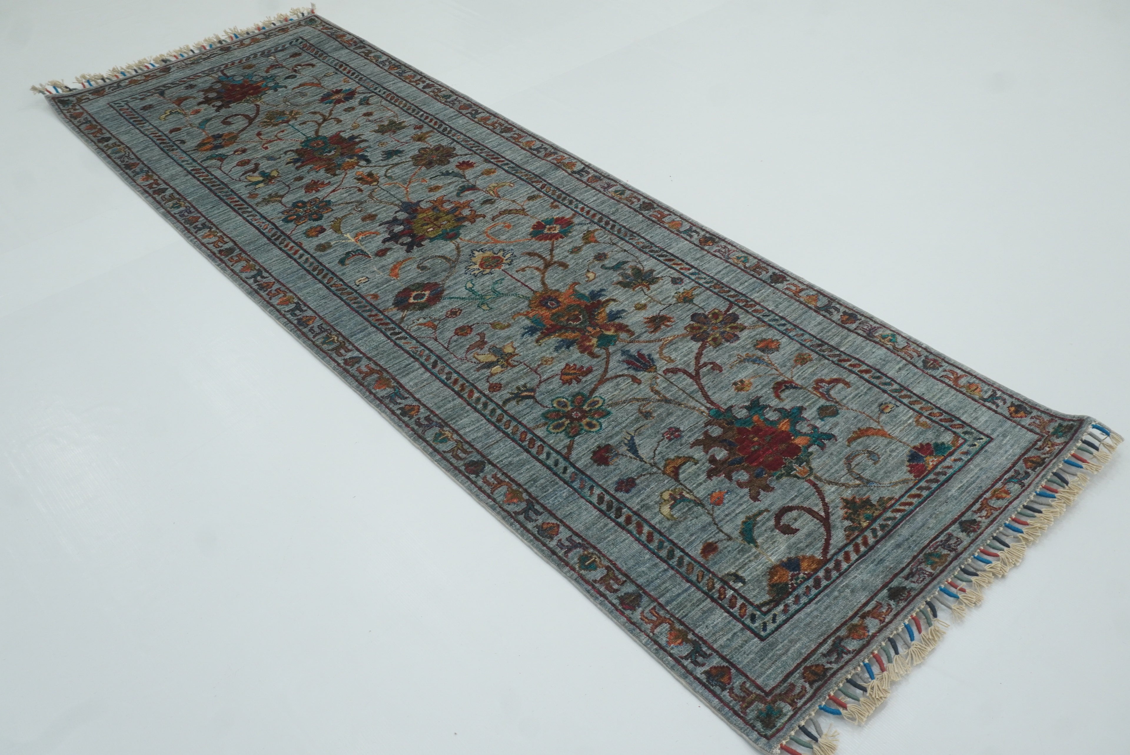 8 ft Waziri Blue Afghan Hand-Knotted Oriental Runner Rug - Yildiz Rugs
