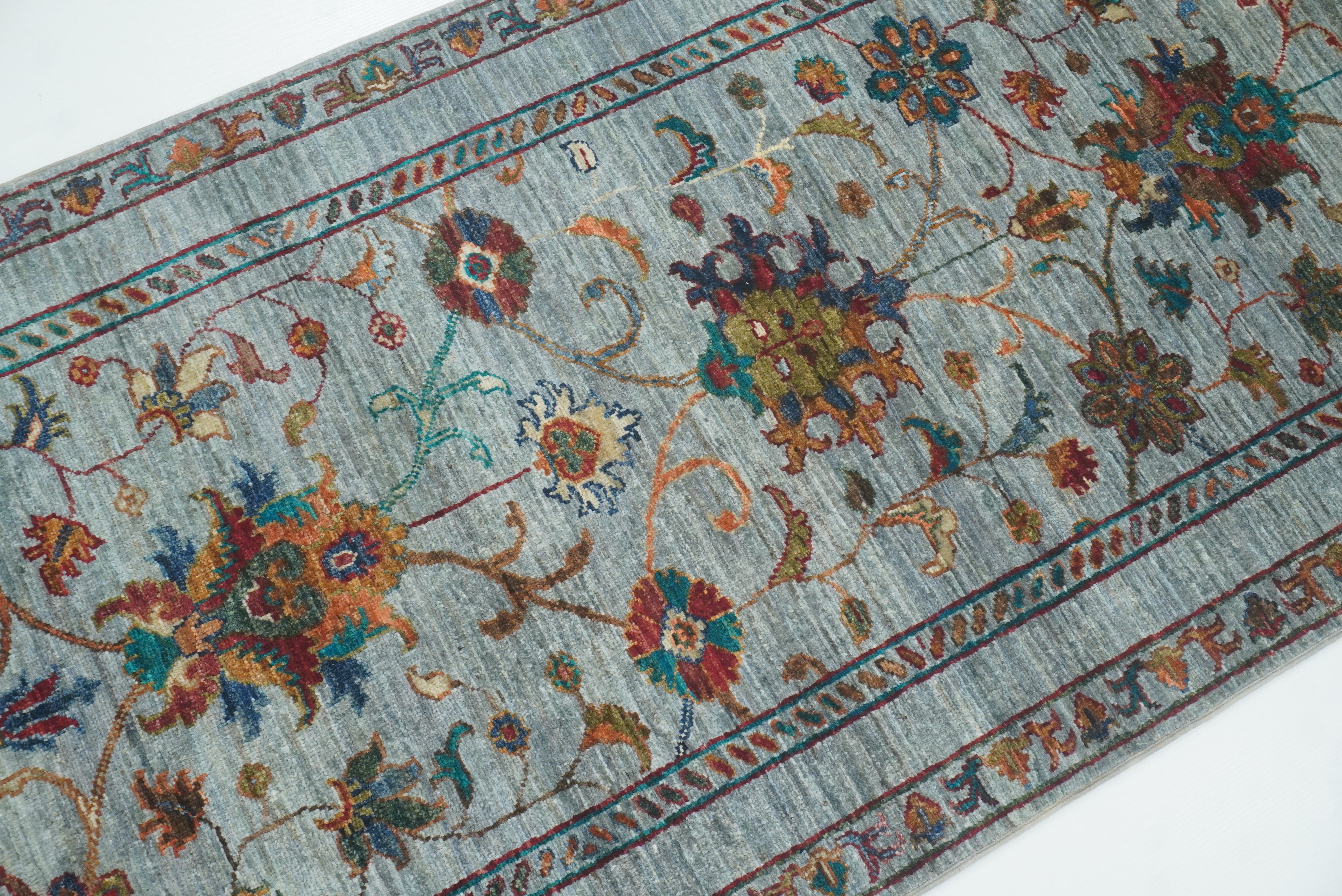 8 ft Waziri Blue Afghan Hand-Knotted Oriental Runner Rug - Yildiz Rugs