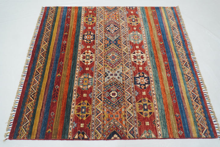 5x5 Red Tribal Gabbeh Afghan Hand knotted Striped Square Rug - Yildiz Rugs