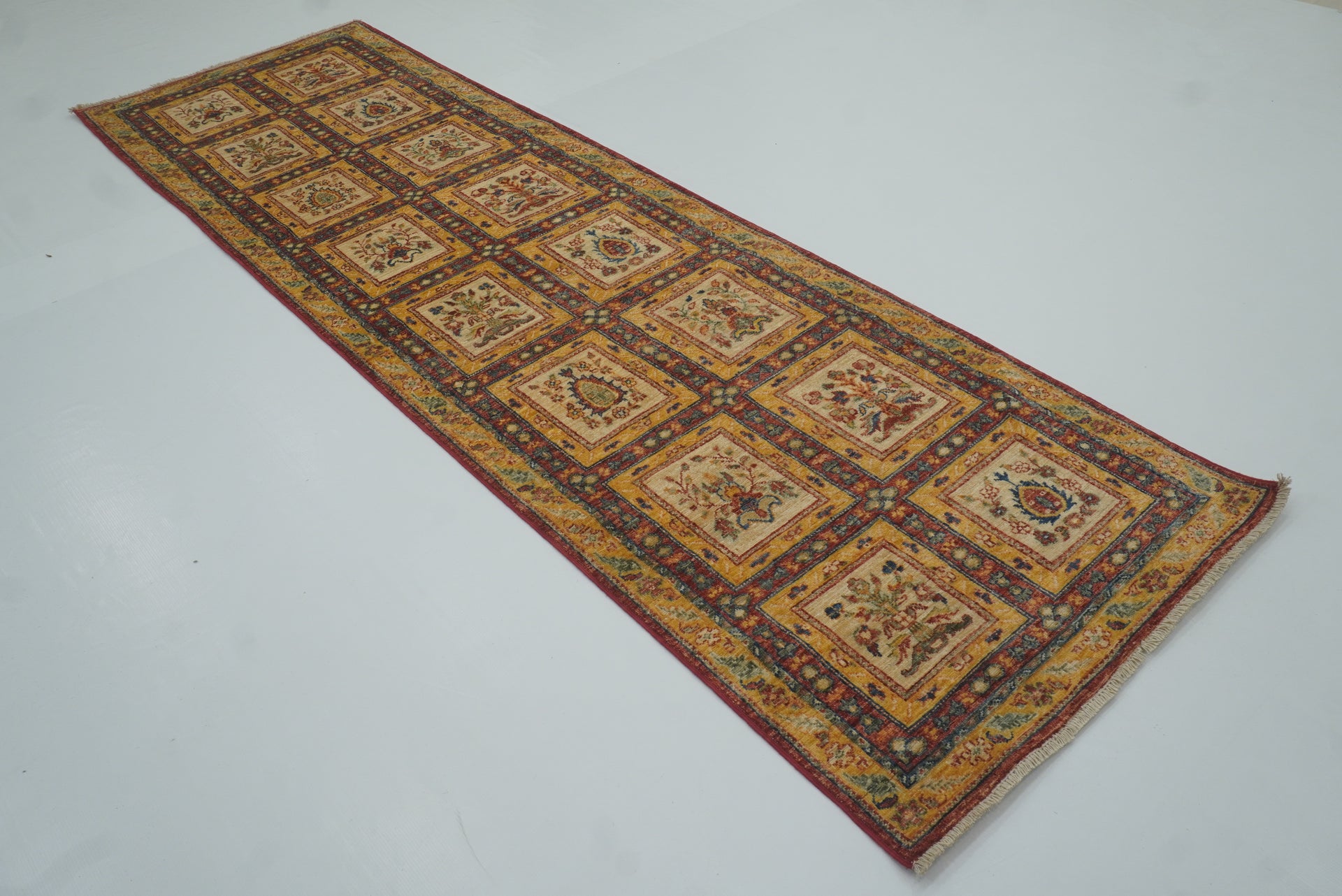 10 ft Beige Hand Knotted Afghan Wool Runner Rug - Yildiz Rugs