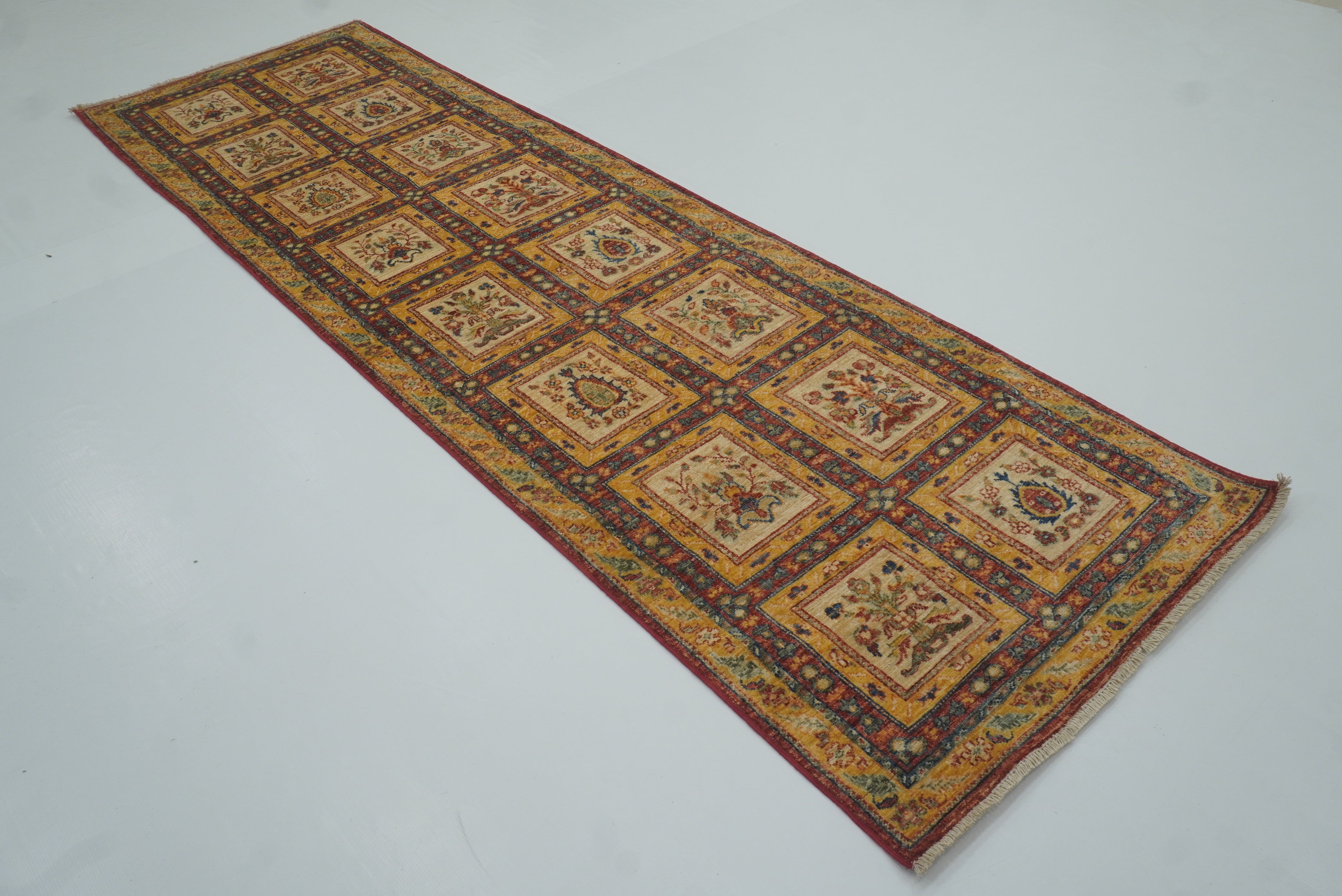 10 ft Beige Hand Knotted Afghan Wool Runner Rug - Yildiz Rugs