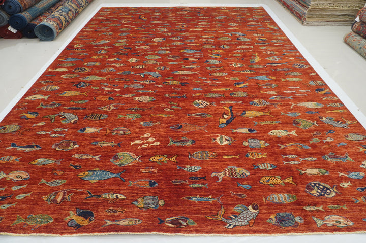 10x14 Rusty Red Fish Gabbeh Afghan Hand knotted Tribal Rug