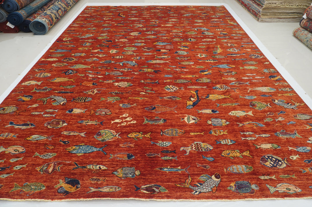 10x14 Rusty Red Fish Gabbeh Afghan Hand knotted Tribal Rug - Yildiz Rugs