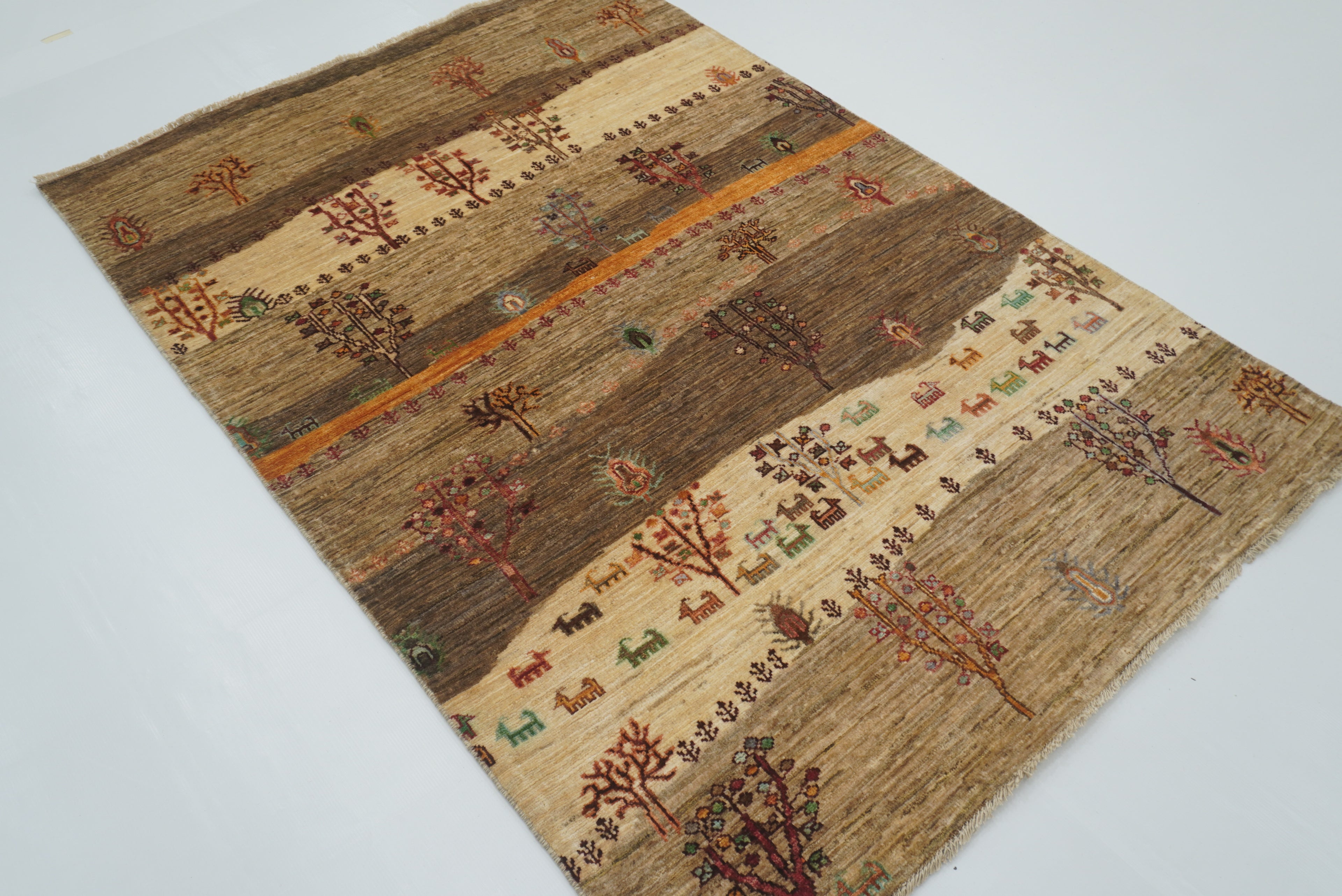 4x6 Beige Gray Gabbeh Afghan Hand-Knotted Wool Tree Rug - Yildiz Rugs