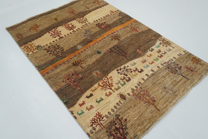 4x6 Beige Gray Gabbeh Afghan Hand-Knotted Wool Tree Rug - Yildiz Rugs