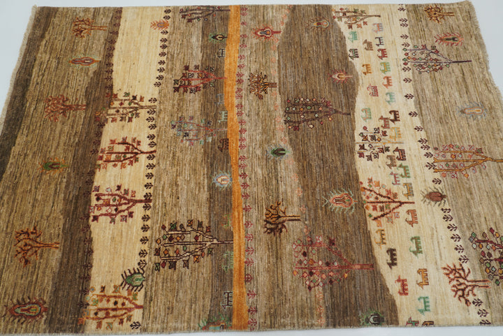 4x6 Beige Gray Gabbeh Afghan Hand-Knotted Wool Tree Rug - Yildiz Rugs
