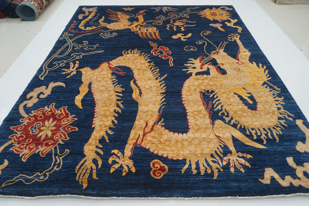 8x10 Navy Blue Dragon Pheonix Hand knotted Wool Rug - Yildiz Rugs