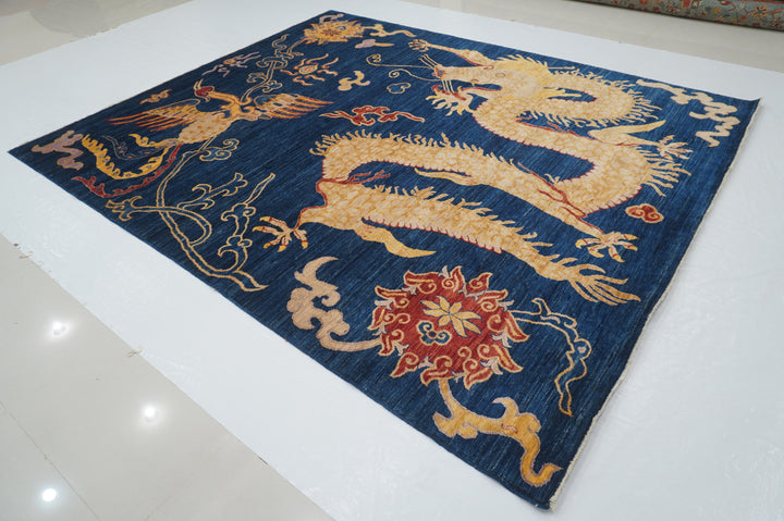 8x10 Navy Blue Dragon Pheonix Hand knotted Wool Rug - Yildiz Rugs