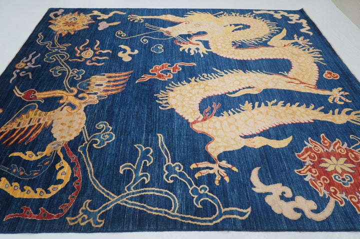 8x10 Navy Blue Dragon Pheonix Hand knotted Wool Rug - Yildiz Rugs