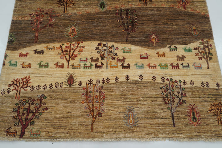 4x6 Beige Gray Gabbeh Afghan Hand-Knotted Wool Tree Rug - Yildiz Rugs