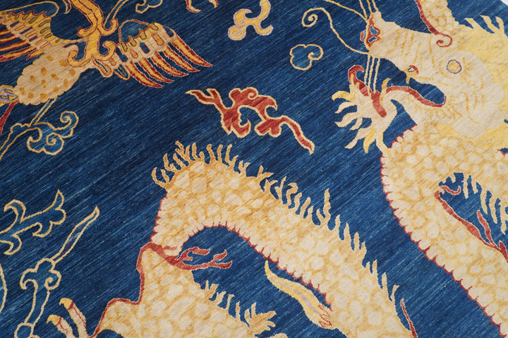 8x10 Navy Blue Dragon Pheonix Hand knotted Wool Rug - Yildiz Rugs