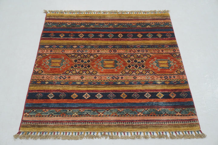 3x3 Blue Tribal Afghan Hand knotted Square Rug