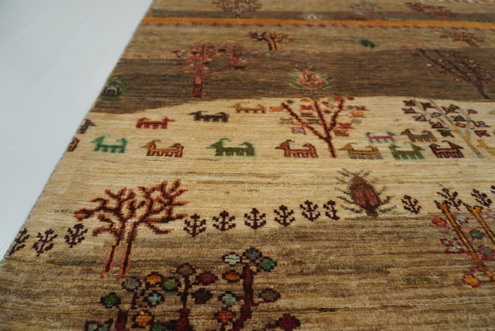 4x6 Beige Gray Gabbeh Afghan Hand-Knotted Wool Tree Rug - Yildiz Rugs