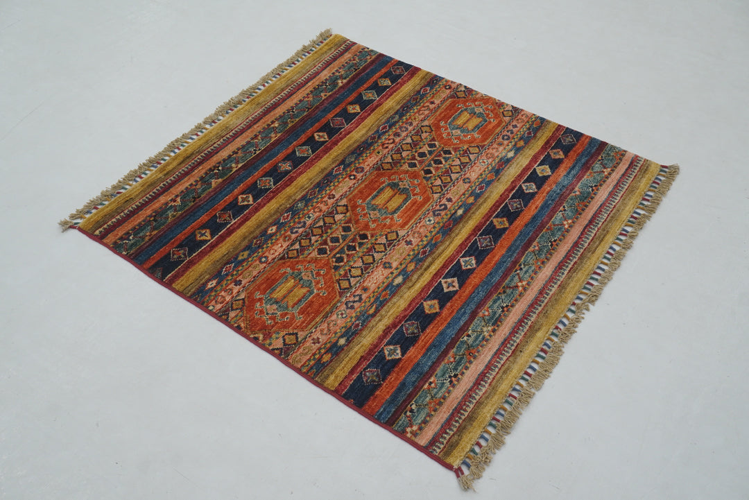 3x3 Blue Tribal Afghan Hand knotted Square Rug