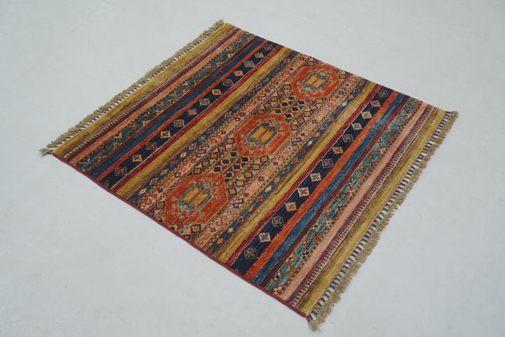 3x3 Blue Tribal Afghan Hand knotted Square Rug