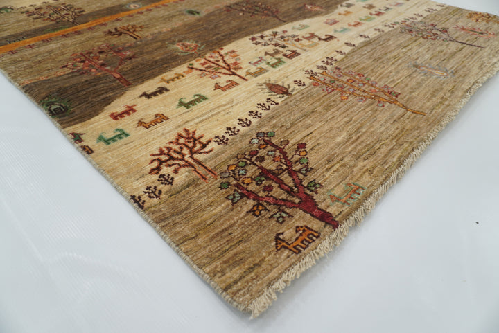 4x6 Beige Gray Gabbeh Afghan Hand-Knotted Wool Tree Rug - Yildiz Rugs