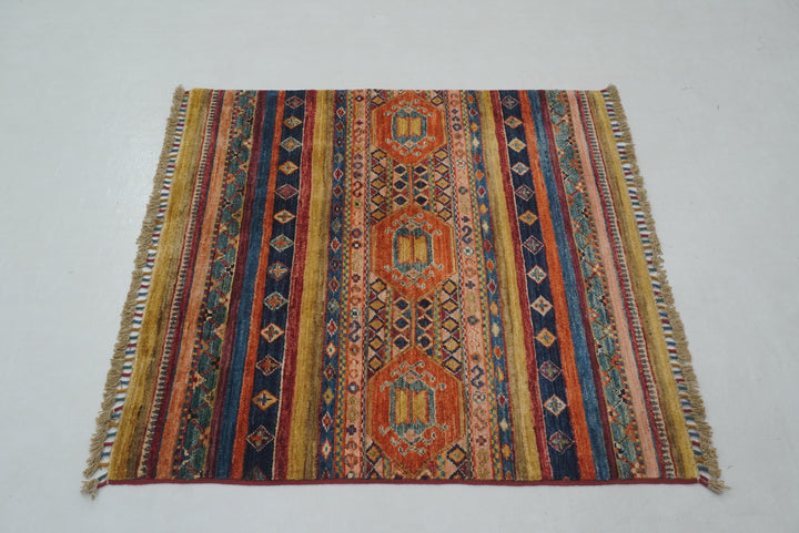 3x3 Blue Tribal Afghan Hand knotted Square Rug