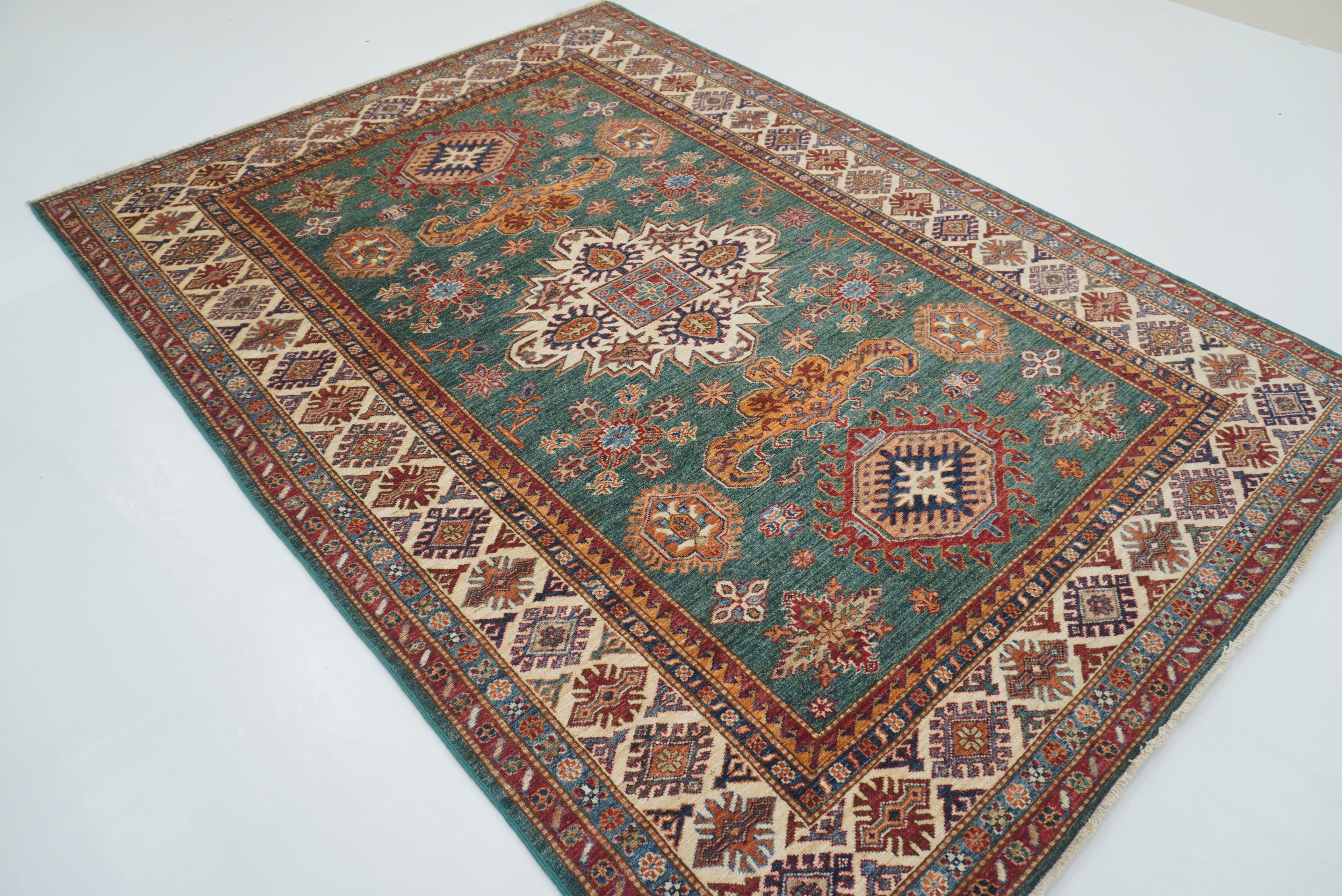 6x8 Green Afghan Kazak Hand-Knotted Wool geometric Rug - Yildiz Rugs