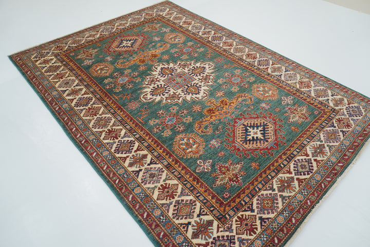 6x8 Green Afghan Kazak Hand-Knotted Wool geometric Rug - Yildiz Rugs