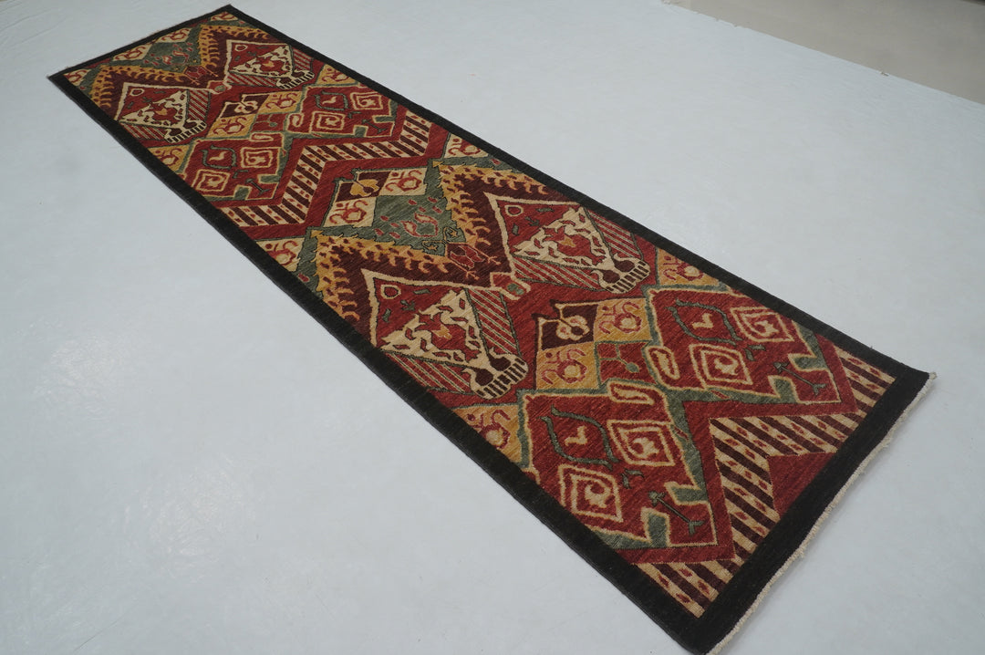 10 ft Black Ikat Afghan Hand knotted Oriental Runner Rug