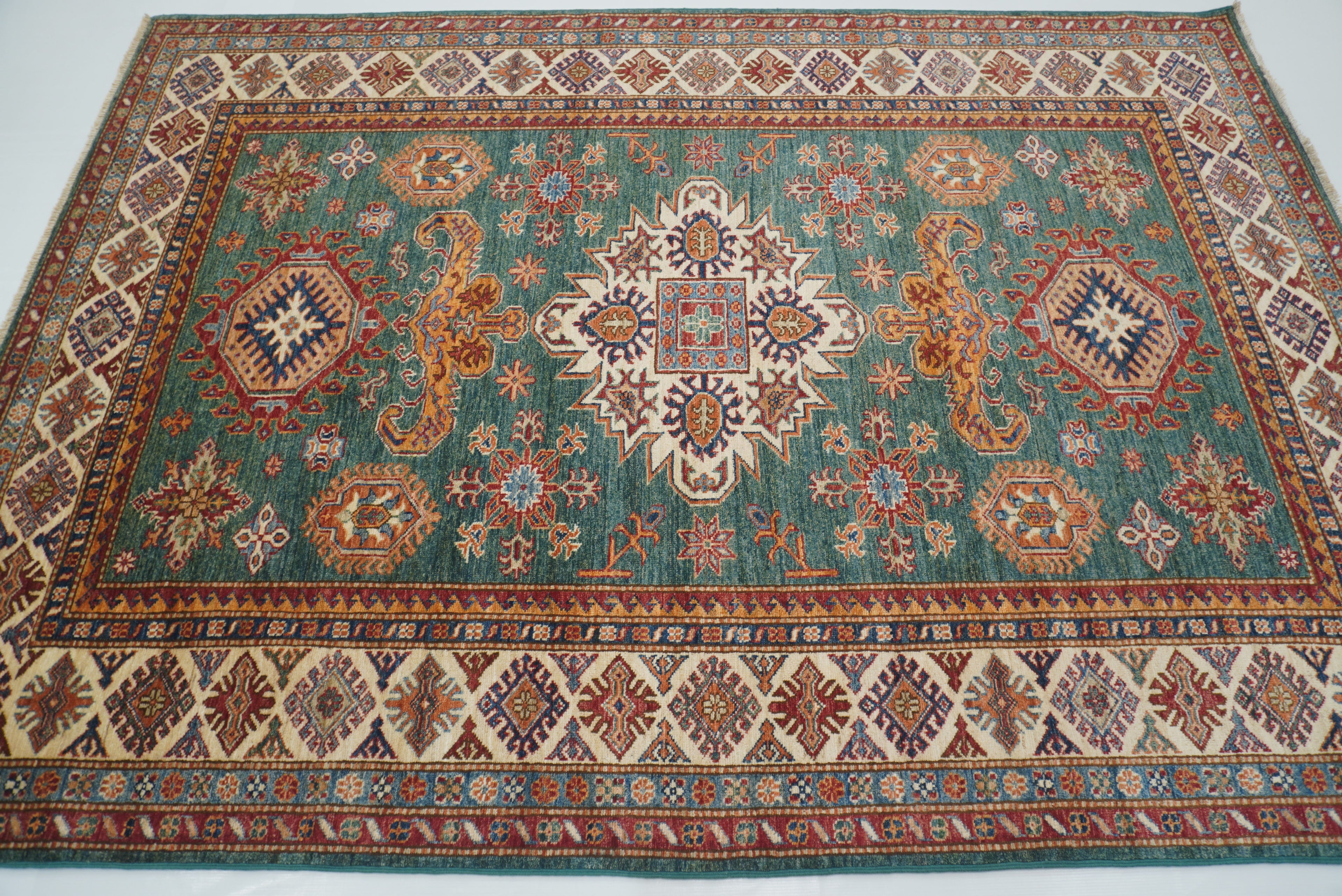 6x8 Green Afghan Kazak Hand-Knotted Wool geometric Rug - Yildiz Rugs
