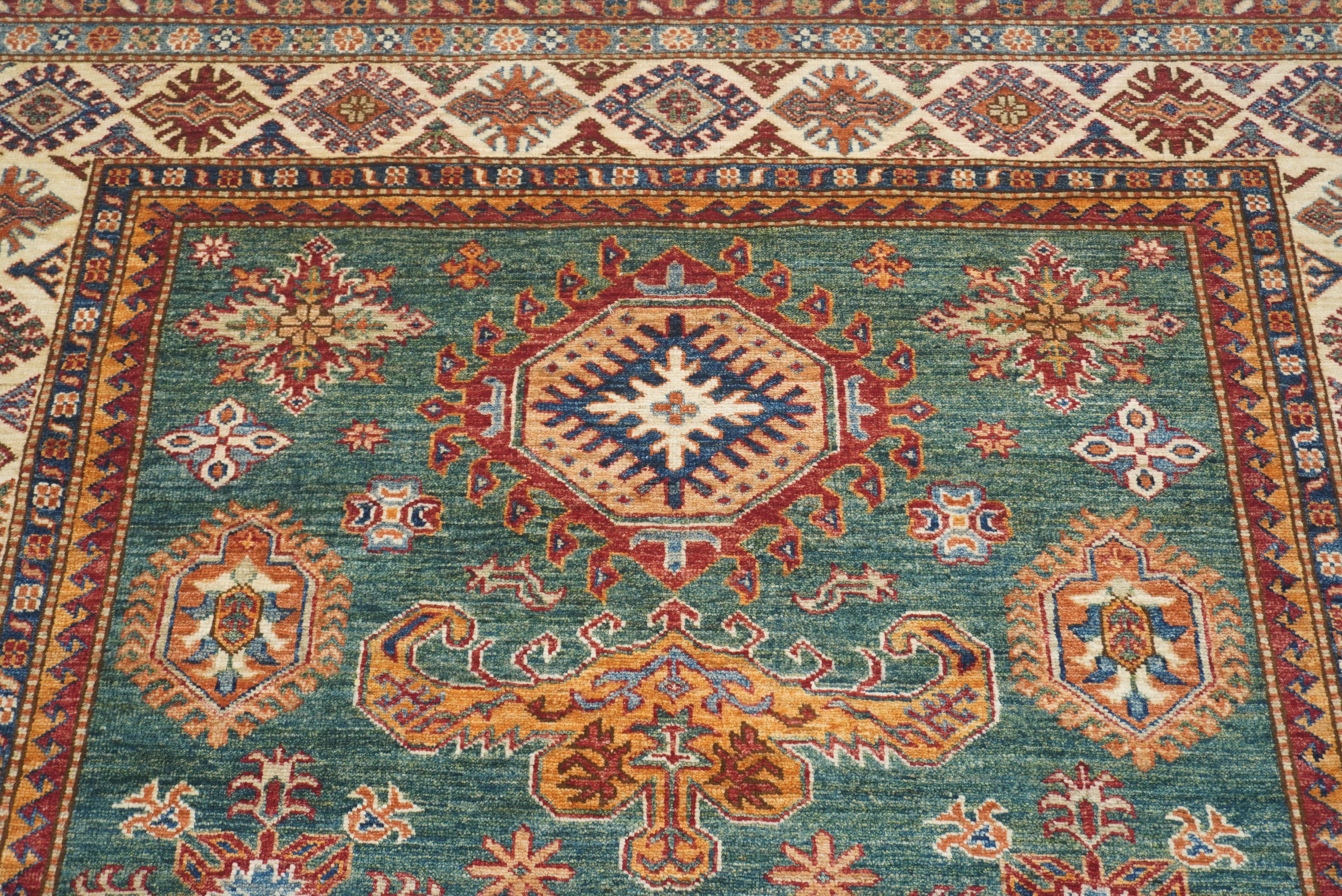 6x8 Green Afghan Kazak Hand-Knotted Wool geometric Rug - Yildiz Rugs