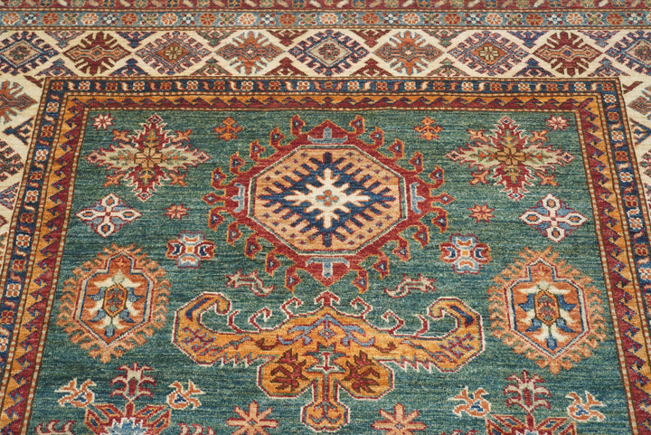 6x8 Green Afghan Kazak Hand-Knotted Wool geometric Rug - Yildiz Rugs