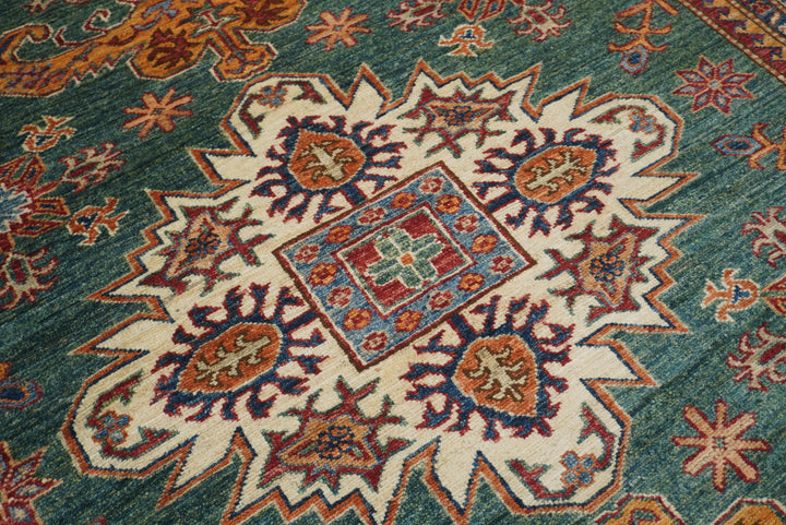 6x8 Green Afghan Kazak Hand-Knotted Wool geometric Rug - Yildiz Rugs