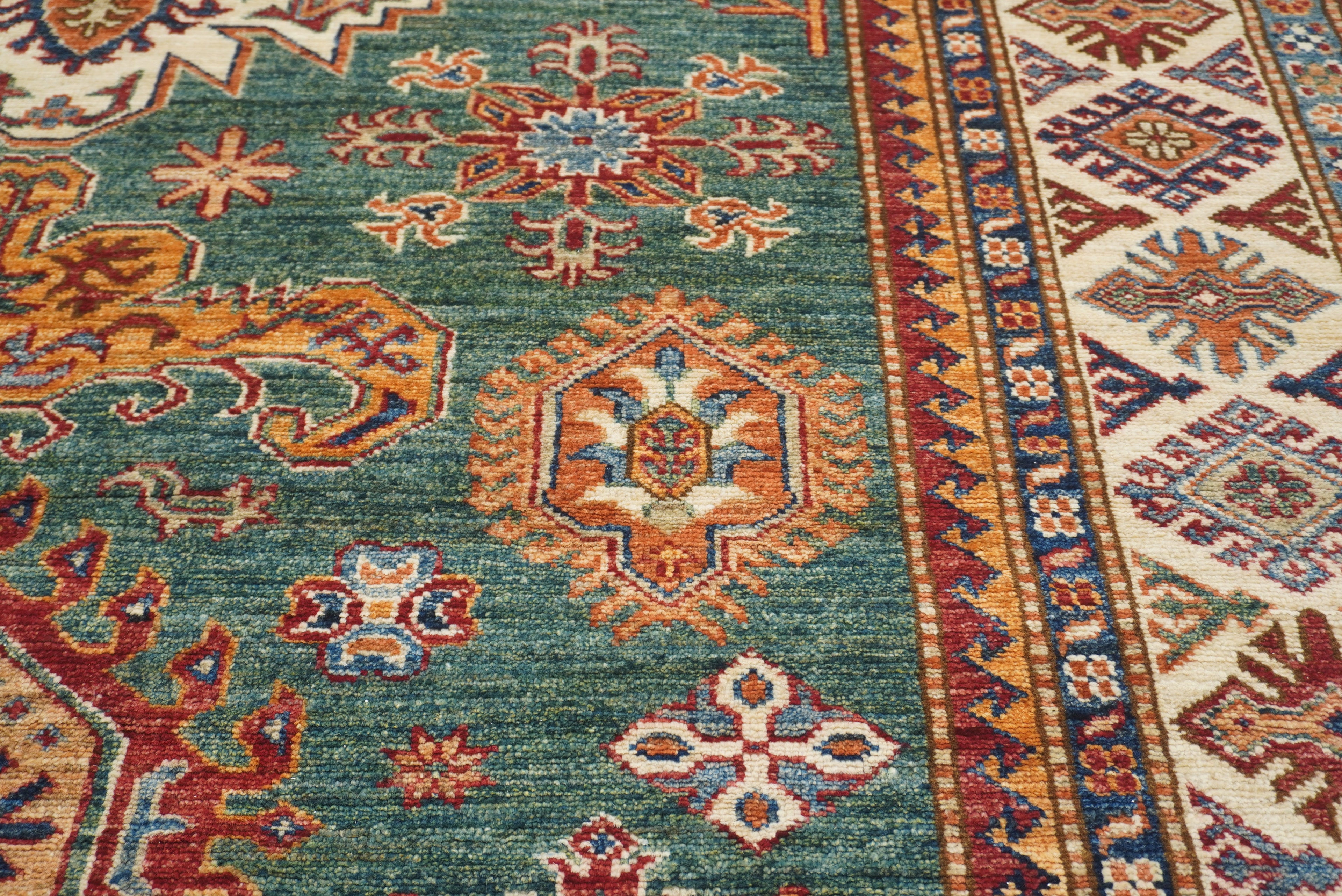 6x8 Green Afghan Kazak Hand-Knotted Wool geometric Rug - Yildiz Rugs