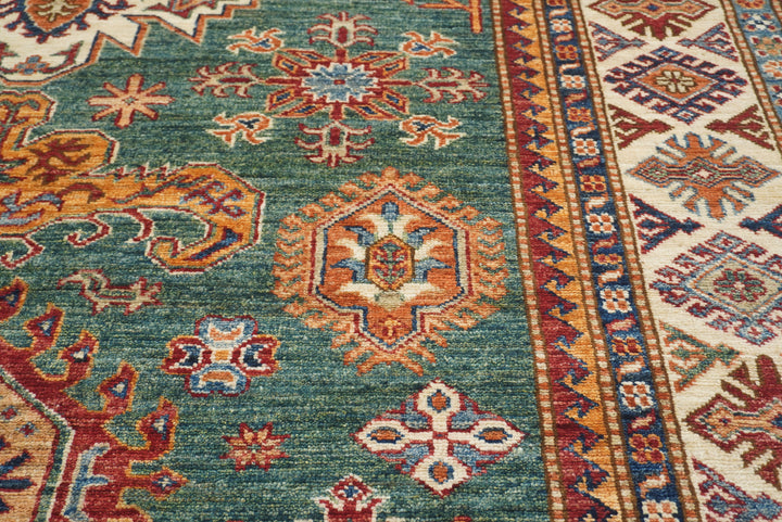 6x8 Green Afghan Kazak Hand-Knotted Wool geometric Rug - Yildiz Rugs