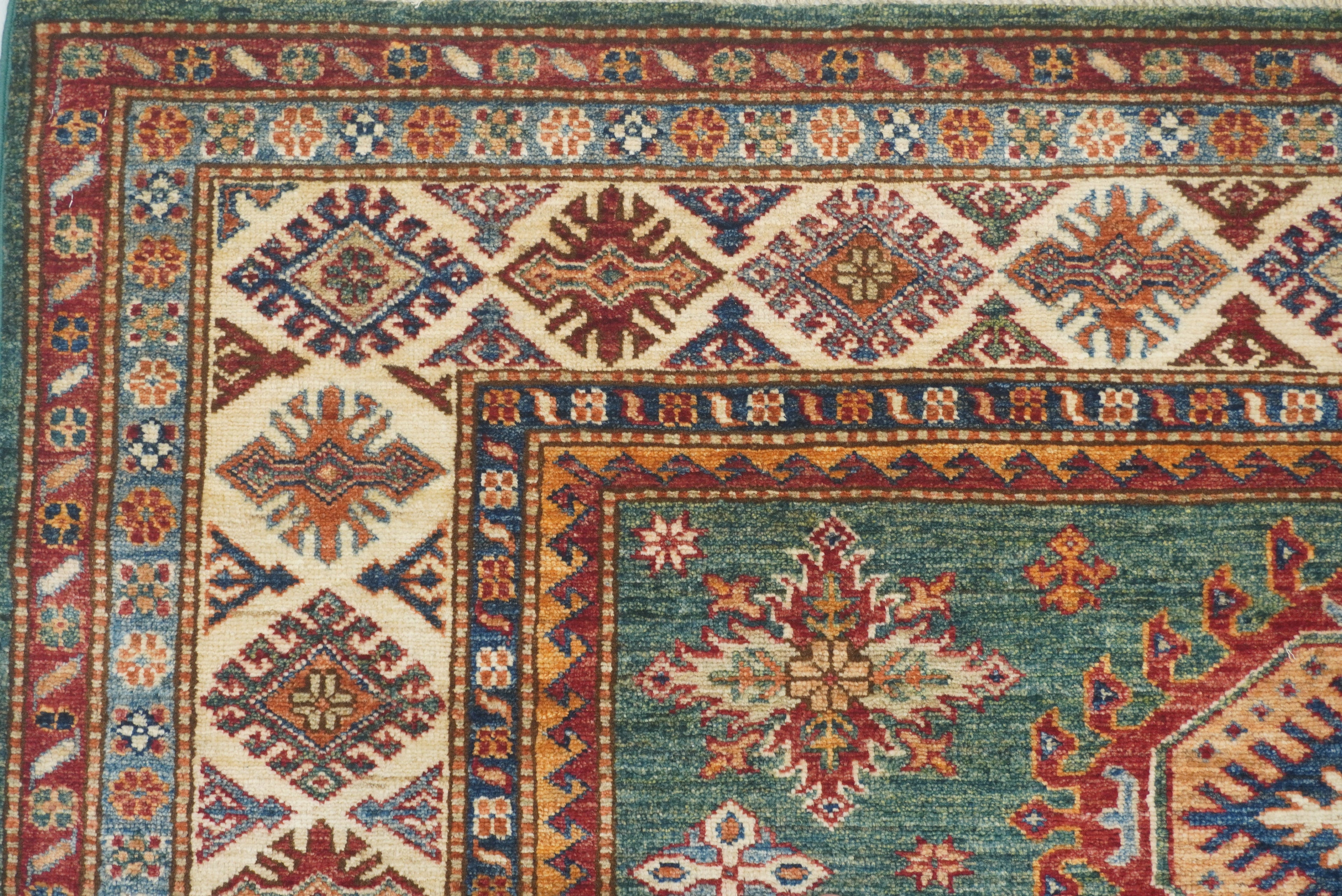 6x8 Green Afghan Kazak Hand-Knotted Wool geometric Rug - Yildiz Rugs