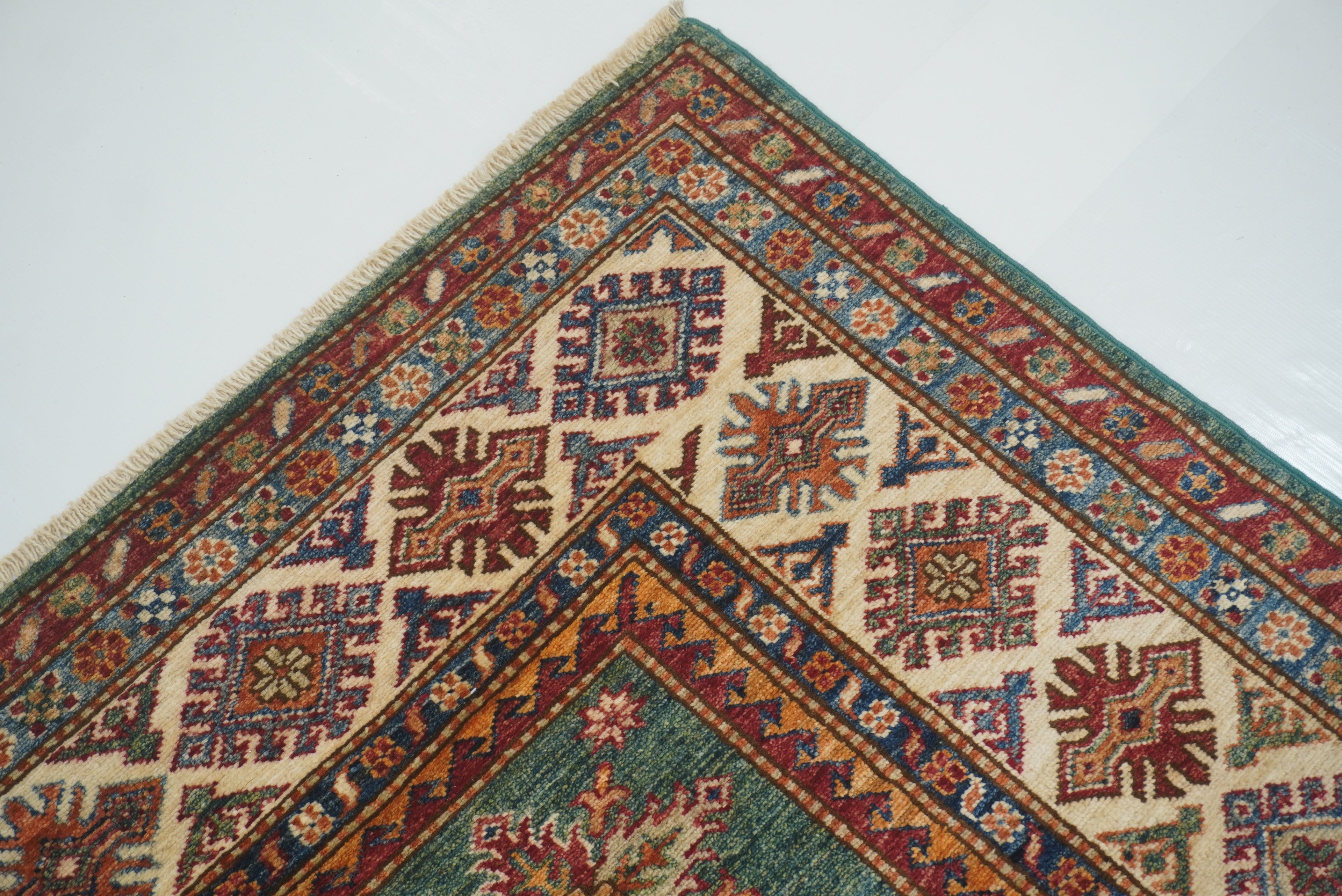 6x8 Green Afghan Kazak Hand-Knotted Wool geometric Rug - Yildiz Rugs